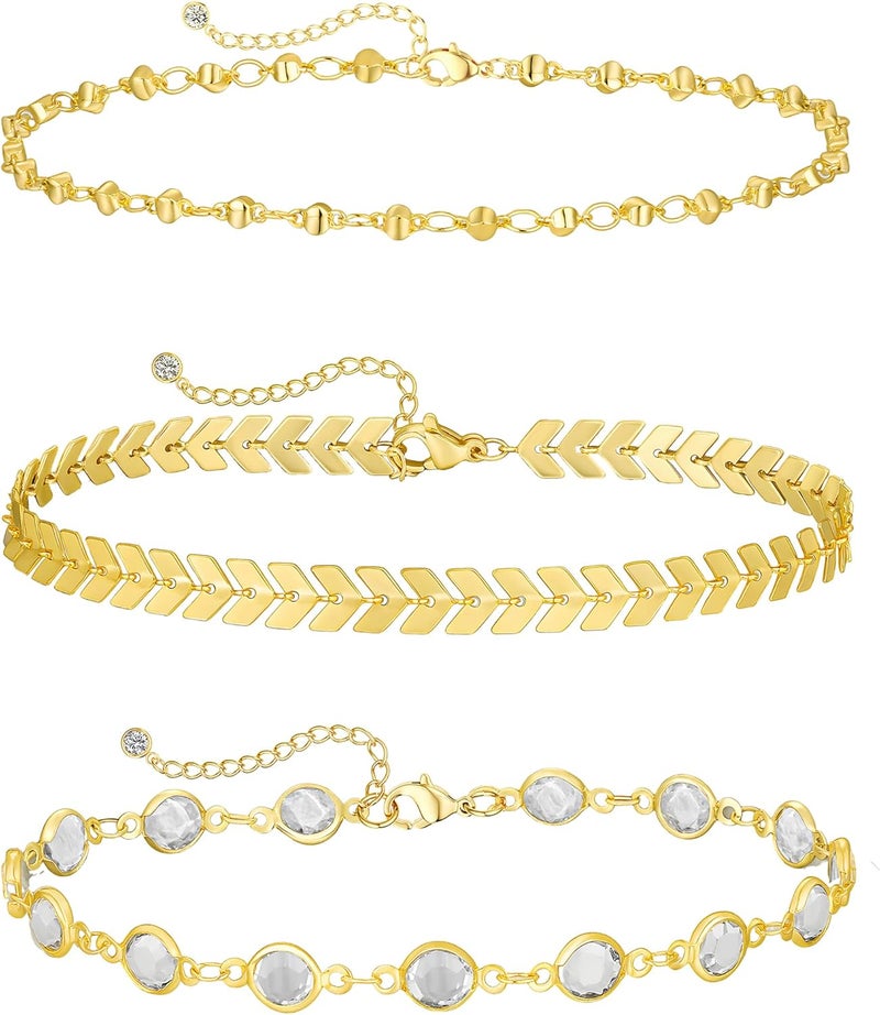 MIDEEO Gold/Silver Ankle Bracelets for Women,14K Gold Anklets for Women Waterproof Cuban Link Heart Beads Herringbone Rhinestone Anklets Set Layered Anklet Bracelets for Women Gold Jewelry Gift - Image 1